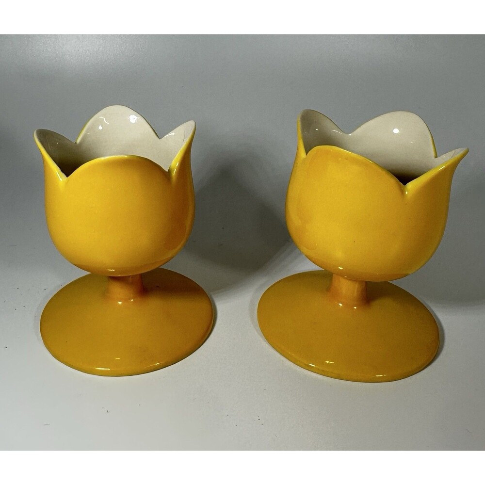 Vtg Yellow Tulip Egg Cups Japan Pair Pedestal Retro MCM Kitchen Decor